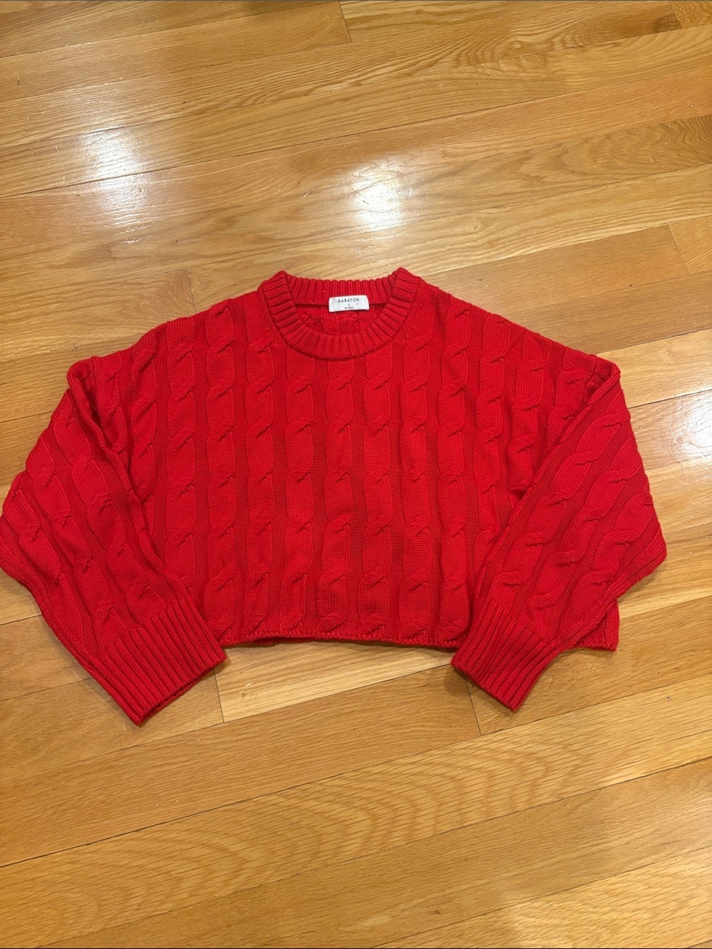 Aritzia Red Cable-Knit Cropped Crewneck Sweater